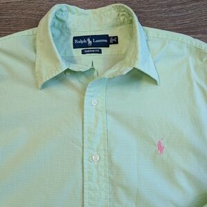 Ralph Lauren Custom Fit Shirt M Green Gingham Pink Pony Logo 100% Cotton Classic